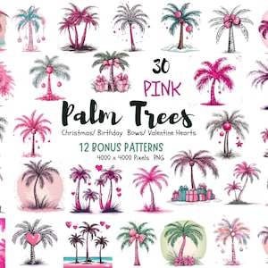Clipart palmiers roses - palmiers roses mignons et fantaisistes ! Sapins de Noël, noeuds d'anniversaire, coeurs de la Saint-Valentin sur ces palmiers roses !