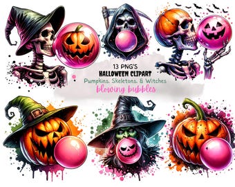 FUNNY HALLOWEEN Clipart PNG Cute, scary designs for sublimation pumpkins, skeletons and witches blowing bubbles
