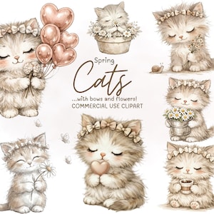 Puede incluir: Ilustración en acuarela de gatitos adorables con coronas de flores, sosteniendo flores, globos en forma de corazón y una taza de café. El texto dice "Spring Cats...with bows and flowers! COMMERCIAL USE CLIPART."