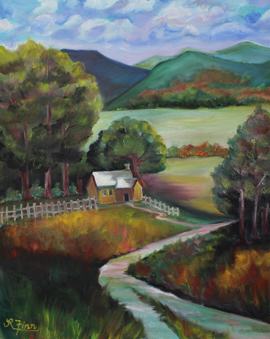 Original Oil Painting 16"x20" | Cozy Cabin in Mountain Meadow Landscape ...