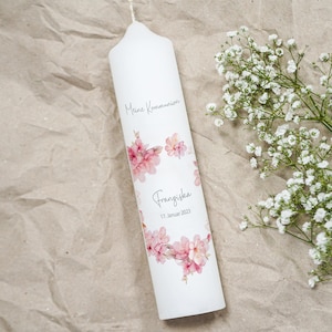 Personalized communion candle with cherry blossoms, communion candle with saying, blessing candle, individual candle, religious candle