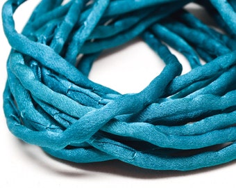 TEAL DARK Silk Cords, Aqua Green Silk Cording, 3-4mm Thick Jewelry Stringing, Embroidery Cord, Bridal Supplies, Hand Dyed Hand Sewn