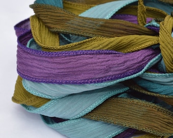 Olive Branch Silk Ribbon Assortment Qty 5 Ribbons Jewel Tones, Hand Dyed Crinkle Silk Crafters Gift Avocado Purple Olive Teal Dark Turquoise