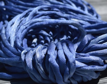 Blue Jean Silk Cords, Blue Silk Cording, Silk Strings 3-4mm x 3 Yards, Hand Dyed Jewelry Making Cords, Craft Supplies, Blue Jean Cords