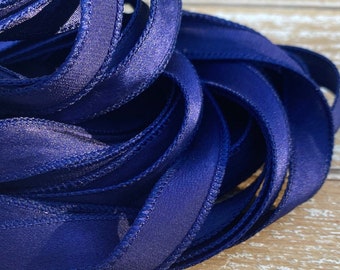 Navy Blue Silk Satin Ribbon, Wrap Bracelets, Shiny Hand Dyed Silk Qty 5 Strings Dark Indigo, Bridal Bouquet Trim Elegant Jewelry