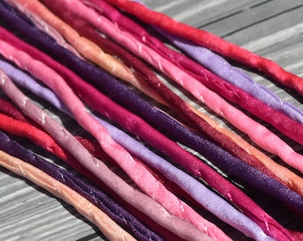 FRUIT SORBET Silk Cords, Cording Assortment Qty 8 Strings 3-4mm Thick, Hand Dyed Silk Strings, Pink, Peach Purple Jamn Glass Silks