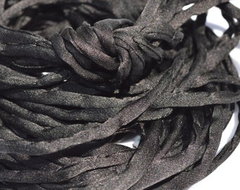 BLACK Silk Cords, Hand Dyed Silk Strings 3 Yards 3-4mm, JamnGlass Silk Cording Jewelry Making Craft Cords