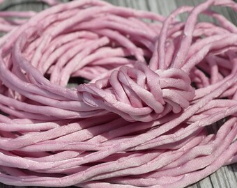 LIGHT RASPBERRY PINK Silk Cords, Hand Dyed Silk Cording, Silk Cord, 3-4mm x 3 Yards, Pastel Pink Silk Strings, Embroidery Supplies