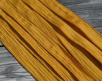 HONEY MUSTARD Silk Ribbons Qty 5 Hand Dyed Harvest Gold Silk Strings, Mustard Yellow Crinkle Silk, Jewelry Making Stringing Supplies Wraps