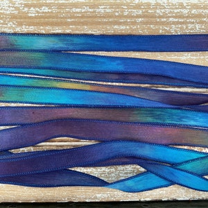 Blue Moon Silk Ribbons Hand Dyed Silk Strings, Crinkle Silk, Watercolor Ribbon, Stringing Supplies Navy Aqua Green Purple