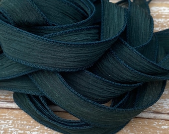 EVERGREEN Silk Ribbons 5 Hand-Dyed Sewn Strings Dark Pine Green Jamn, Great for Silk Wrap Bracelets, Necklace or Crafts