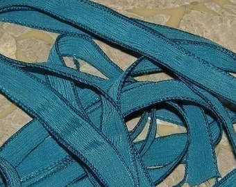 Turquoise Blue silk ribbons are  hand dyed and handmade - Qty 5 to 25 crinkle silk strings for bracelet wraps, necklaces or other crafts!