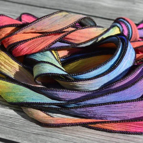 COSMOS Silk Ribbons, Qty 5, Crinkle Silk Ribbons, Hand Dyed Ribbon, JamnGlass Watercolor Silk, Great for Necklaces, Silk Wraps or Bracelets