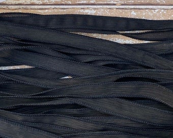 BLACK Silk Ribbons Hand Dyed in Deep Black - Crinkle Silk Fabric Strings - Bulk Wholesale Quantity 5 to 50 Fun Wrap Bracelets - Bridal Decor
