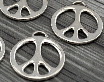 Peace Charms, TierraCast Peace Pendants, 1", 27mm Large Drops, Bright Rhodium, Silver Peace Sign Charms, Tierra Cast, Retro 70s