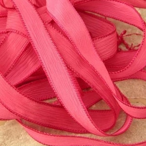 Watermelon Pink silk ribbons are a lovely soft crinkle silk fabric - 5 hand dyed handmade jewelry ribbon - Wonderful for silk wrap bracelets