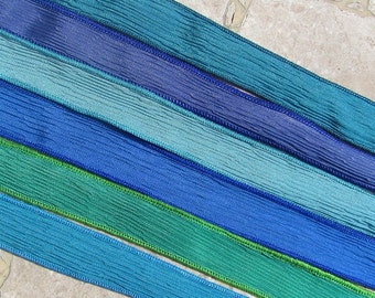 OCEAN VIEW Hand Dyed Silk Ribbon Assortment 6 Strings Sewn Assorted Blue Green Aqua Periwinkle Teal Colors, Great Wraps or Craft Ribbon