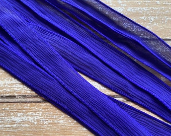 Violet Silk Strings, Crinkle Silk Ribbons Hand Dyed Qty 5 Purple, Craft Ribbons, Jewelry Making Ribbon for Silk Wraps