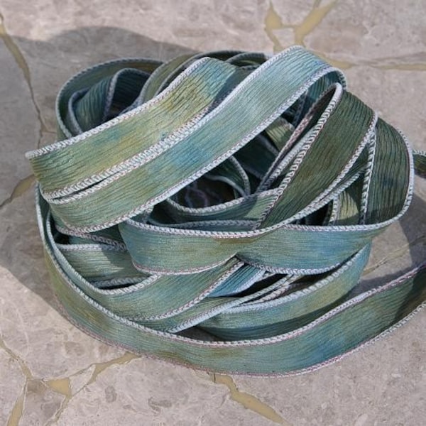 Sea Breeze Silk Ribbons Hand Dyed Watercolor Blue Green Brown For Jewelry