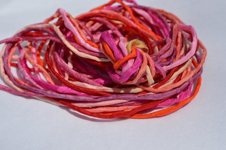 Red Pinks Coral SUMMER SORBET Silk Cords Orange Fuchsia Assortment 2-3mm Hand Dyed Hand Sewn Cording Bulk 10 to 50 Strings