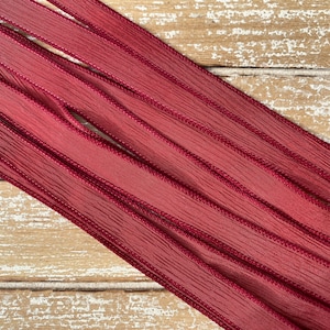 BARN DOOR Hand Dyed Silk Ribbon 5 Hand-Dyed Sewn Strings Russet Red, Earthy Red, Handmade Jewelry Ribbon, Great Necklace or Bracelet Wraps