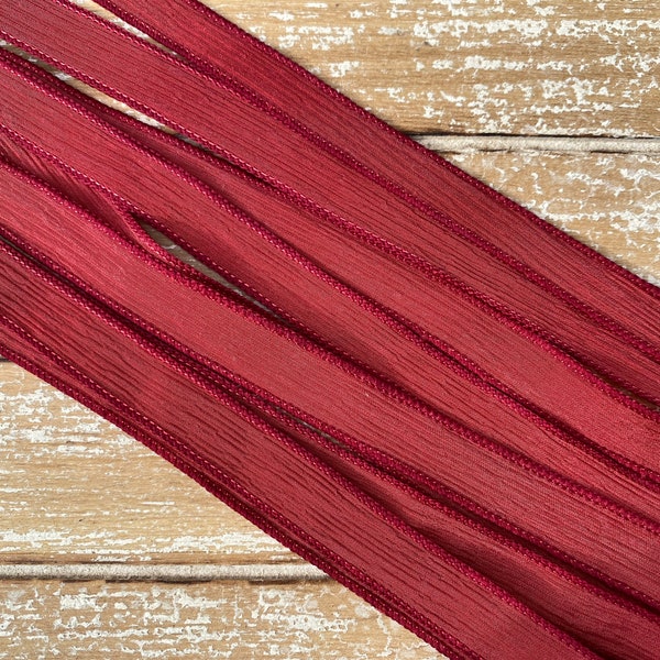 BARN DOOR Hand Dyed Silk Ribbon 5 Hand-Dyed Sewn Strings Russet Red, Earthy Red, Handmade Jewelry Ribbon, Great Necklace or Bracelet Wraps