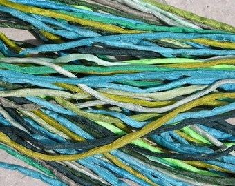 GREENS Silk Cord Assortment 25 Silk Strings Emerald Grass Teal Lime Olive, Great for Kumihimo Braiding or Craft Cords