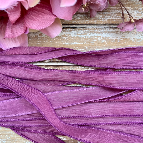 RASPBERRY PINK Silk Ribbons, Crinkle Silk Craft Ribbons, Qty 5, Hand Dyed Strings, Silk Wraps for Bracelet Wraps, Stringing Supplies