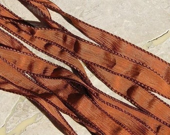 RUST Silk Ribbons, Hand Dyed and Sewn, Qty 5 Silk Strings, Rich Brown Burnt Umber, Wrap Bracelets, Jewelry Making Crafts Stringing Supplies