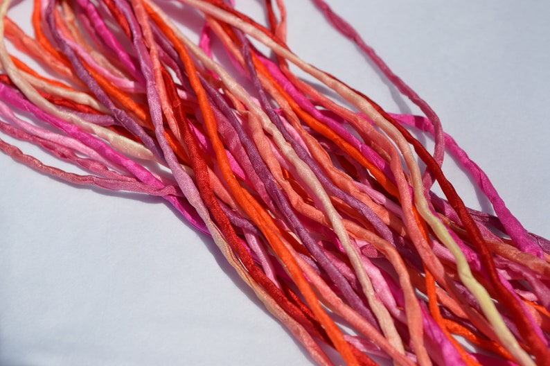 Red Pinks Coral SUMMER SORBET Silk Cords Orange Fuchsia Assortment 2-3mm Hand Dyed Hand Sewn Cording Bulk 10 to 50 Strings
