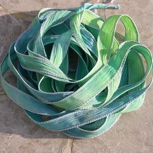 SPLASH Hand Dyed Silk Ribbons, Silk Strings, Watercolor Blues Green Yellows, Jewelry or Craft Ribbon, Stringing Supplies image 2