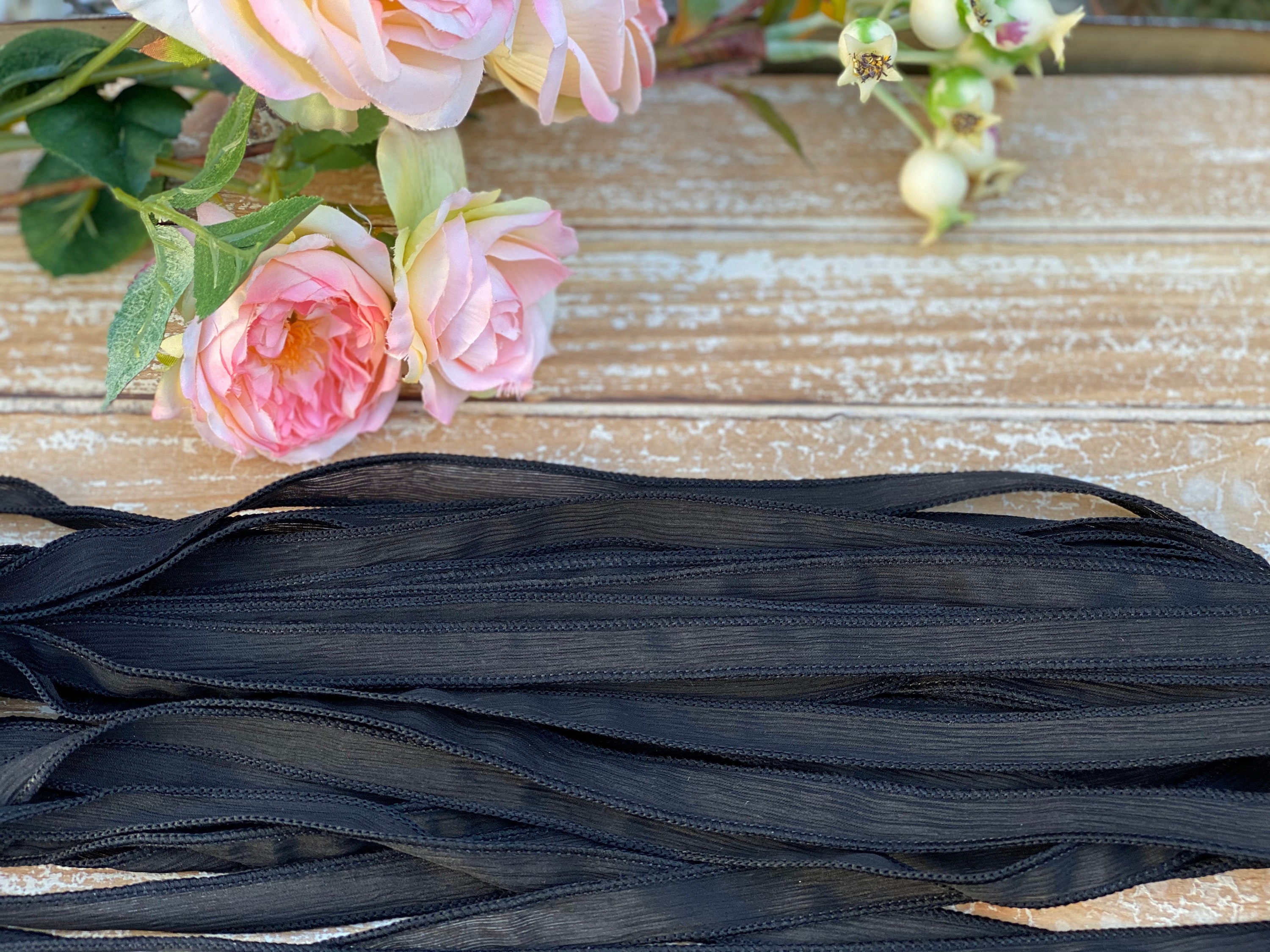 BLACK Silk Ribbons Qty 5 Hand Dyed Strings Lovely Soft Wrap | Etsy