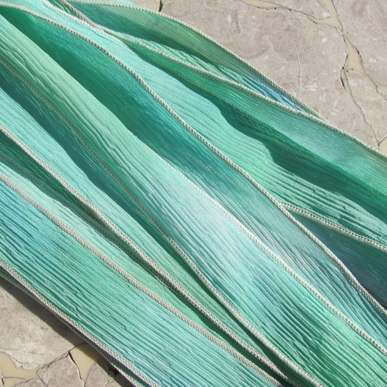 SEAGLASS Hand Dyed Silk Ribbons Qty 5 to 40 Bulk Wholesale Listing, Silk Straings, Sea Glass Color in Soft Delicate Blues Greens Aqua image 2