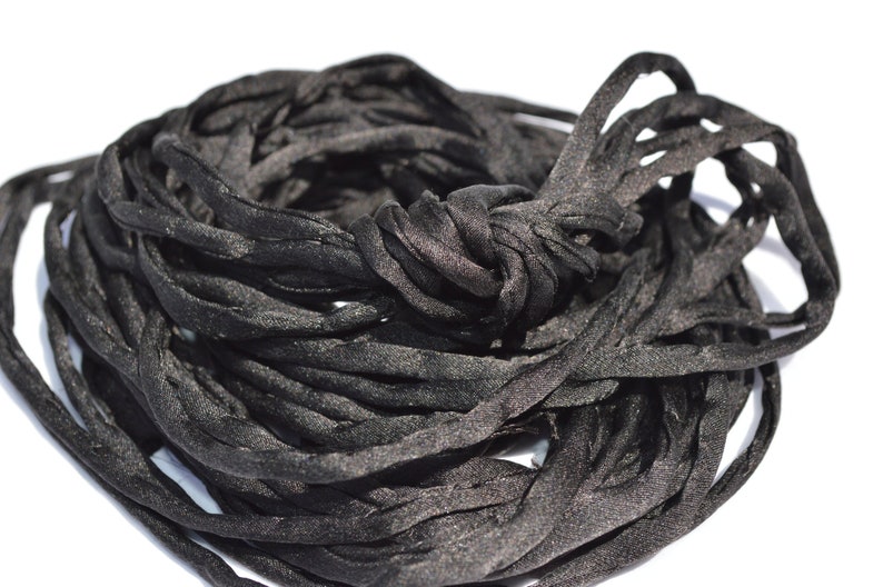 BLACK Silk Cords, Hand Dyed Silk Strings 3 Yards 3-4mm, JamnGlass Silk Cording Jewelry Making Craft Cords image 1