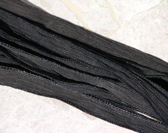 BLACK Silk Ribbons, Qty 5 Hand Dyed Strings, Lovely Soft Wrap Bracelets, Stringing, Jewelry, Bridal Decor, or Hair Bows