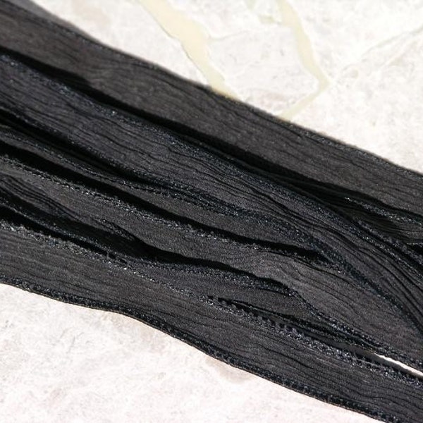 BLACK Silk Ribbons, Qty 5 Hand Dyed Strings, Lovely Soft Wrap Bracelets, Stringing, Jewelry, Bridal Decor, or Hair Bows