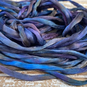 DEEP WATERS Silk Cords 3mm to 4mm x 3 Yards Long / Hand Dyed and Sewn Silk Handsasting Cording / Watercolor Cords in Blue Green Purple