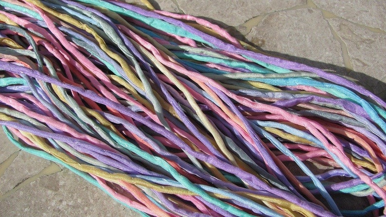 SWEET PASTEL Silk Cords Assortment Qty 10 to 50 Strings 2-3mm, Pink Blue Green Ivory, Hand Dyed For Kumihimo Braids Bracelet Wraps Necklaces image 2