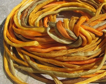 MARIGOLD Silk Cords, Qty 10 to 100 Hand Dyed Silk Strings, 2-3mm, Hand Sewn Jewelry Craft Cording Yellow Gold and Tan Cords, Bulk Wholesale