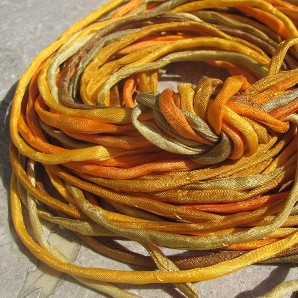 MARIGOLD Silk Cords, Qty 10 to 100 Hand Dyed Silk Strings, 2-3mm, Hand Sewn Jewelry Craft Cording Yellow Gold and Tan Cords, Bulk Wholesale