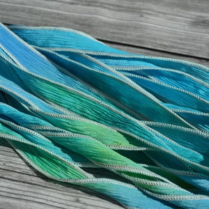 SPLASH Hand Dyed Silk Ribbons, Silk Strings, Watercolor Blues Green Yellows, Jewelry or Craft Ribbon, Stringing Supplies image 4