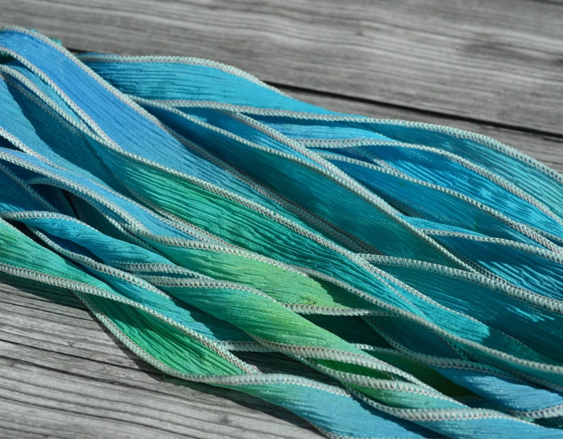 SPLASH Hand Dyed Silk Ribbons, Silk Strings, Watercolor Blues Green Yellows, Jewelry or Craft Ribbon, Stringing Supplies image 4