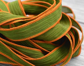 Olive Silk Ribbons, Qty 5,  Hand Dyed Silk Strings, Crinkle Silk Ribbons, Green Ribbons, Jewelry Stringing Supplies Silk Wrap Bracelets