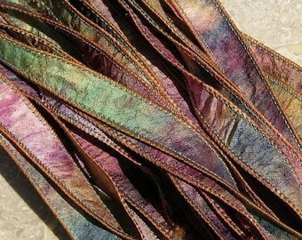 Watercolor Silk Ribbons Hand Dyed Sewn 5 Strings Tan Pink Blue Green Purple