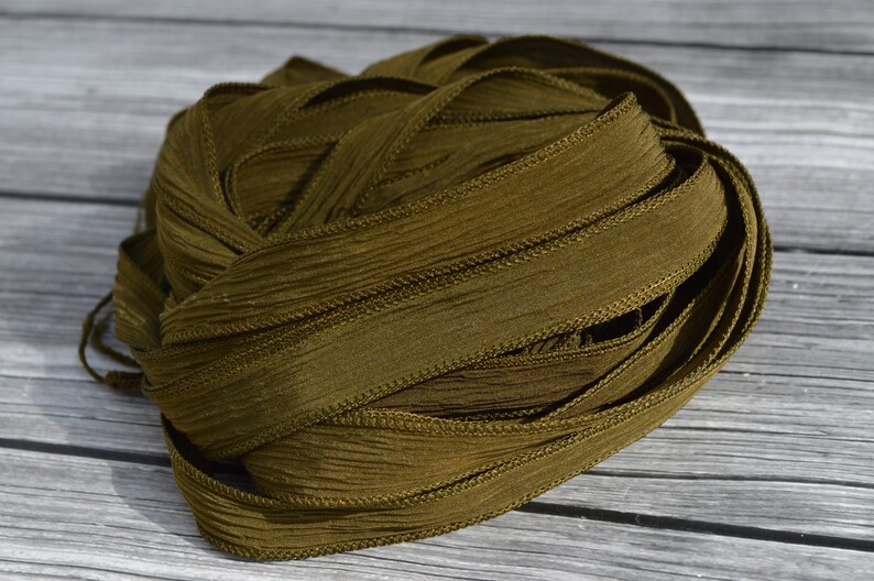 DARK OLIVE GREEN Silk Ribbons Handdyed and Sewn 5 Strings Etsy