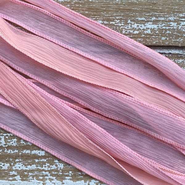 Peaches and Cream Silk Ribbons, Crinkle Bracelet Wraps Qty 5 Hand Dyed Strings Pastel Peach Strands Wedding Bridal Bouquets Bridesmads Gifts