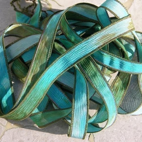 Rubans de soie teints à la main avec des récifs coralliens - Rubans aquarelles marron turquoise et vert - Tour de bracelet ou colliers - Quantité 5 Soie douce et froissée