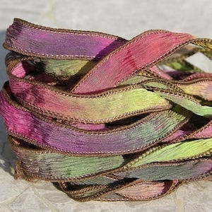 SECRET GARDEN Silk Ribbons Quantity 5 / Strings Hand Dyed and Sewn Watercolor Strands, Ribbon for Silk Wraps / Necklaces or Crafts