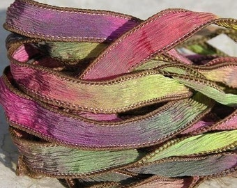 SECRET GARDEN Silk Ribbons Quantity 5 / Strings Hand Dyed and Sewn Watercolor Strands, Ribbon for Silk Wraps / Necklaces or Crafts