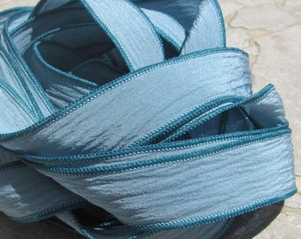 BLUE GRAY GREEN Silk Ribbons,  Hand Dyed Silk Ribbons Handpainted Silk Strings 5 Strands, Great for Bracelet Wraps, Necklace Ties or Crafts